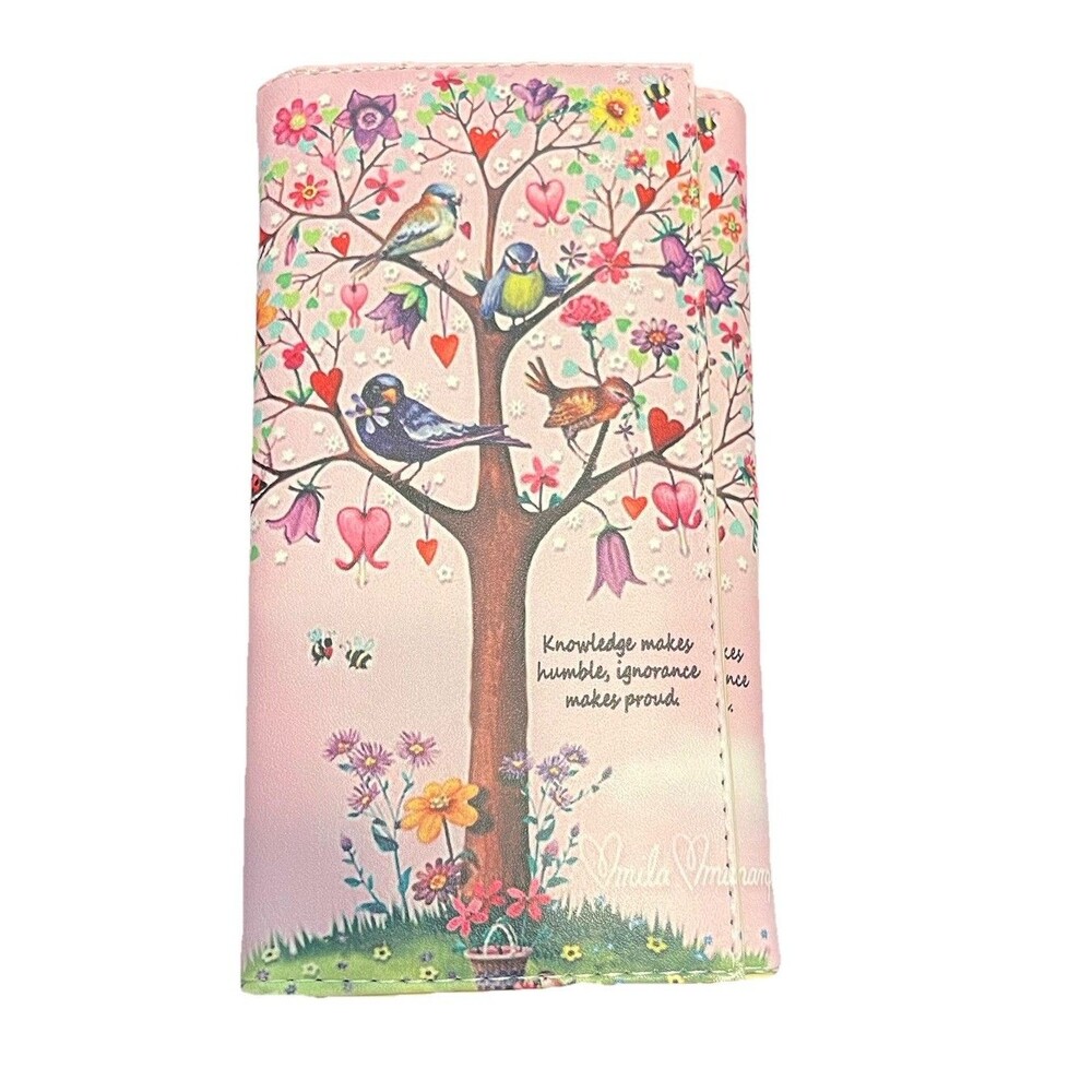 Mila Marquis Pink Knowledge Tree Wallet Birds Floral Quote Tri Fold Wallet NWOT